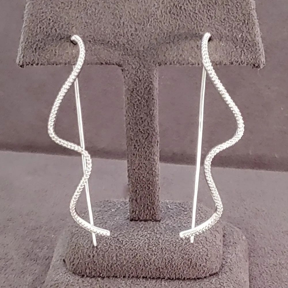 Sterling Silver CZ Modern Wavy Earrings NEW